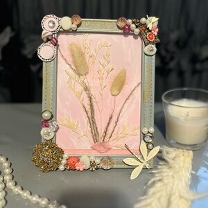 Custom hand made Decorative Pink and Gold Framed Wall Art with antique jewelry